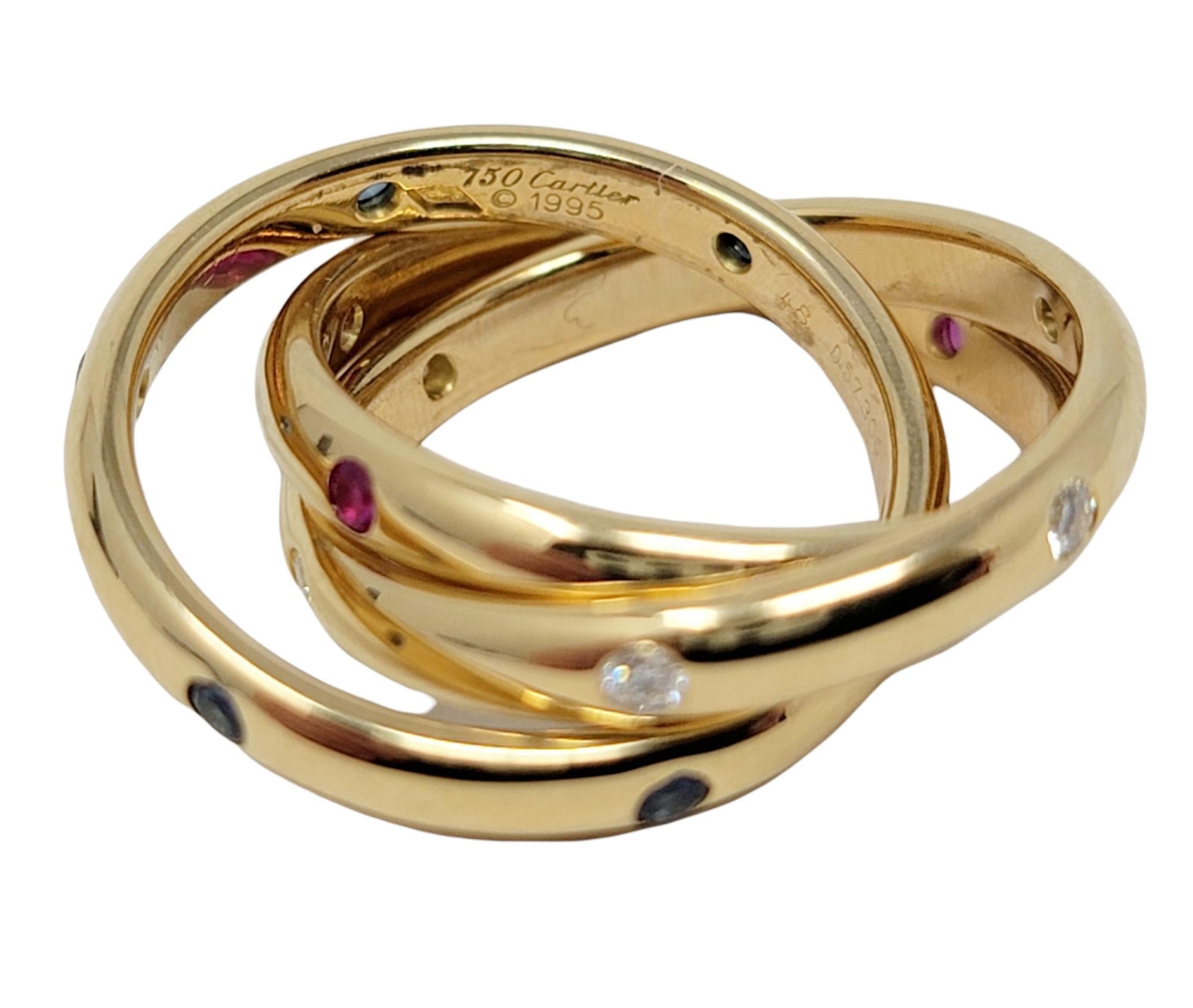 Cartier Diamond, Sapphire and Ruby Trinity Band Ring in 18 Karat Yellow Gold 48 In Good Condition In Scottsdale, AZ