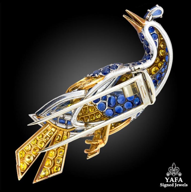 Women's or Men's Cartier Diamond Sapphire Yellow Gold Platinum Bird Brooch For Sale