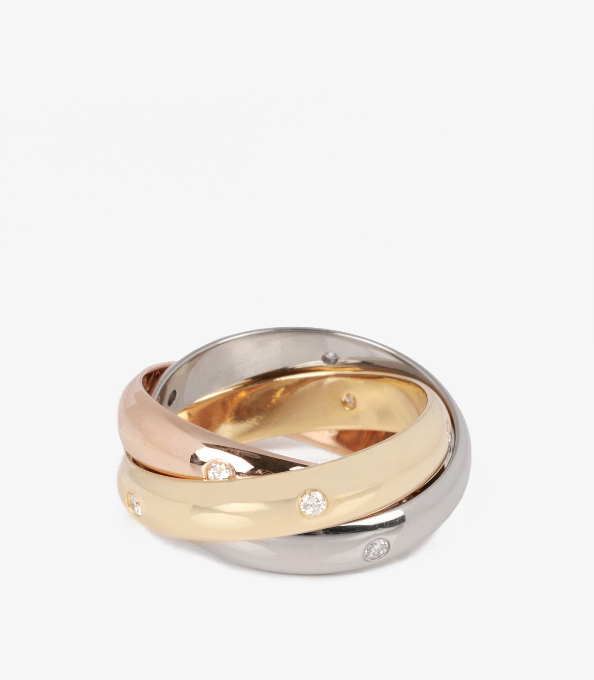 Cartier Diamond Set 18ct White Gold, 18ct Yellow Gold And 18ct Rose Gold Medium Trinity Ring

Brand- Cartier
Model- Diamond Set Medium Trinity Ring
Product Type- Ring
Serial Number- CR****
Age- Circa 2018
Accompanied By- Cartier Box,
