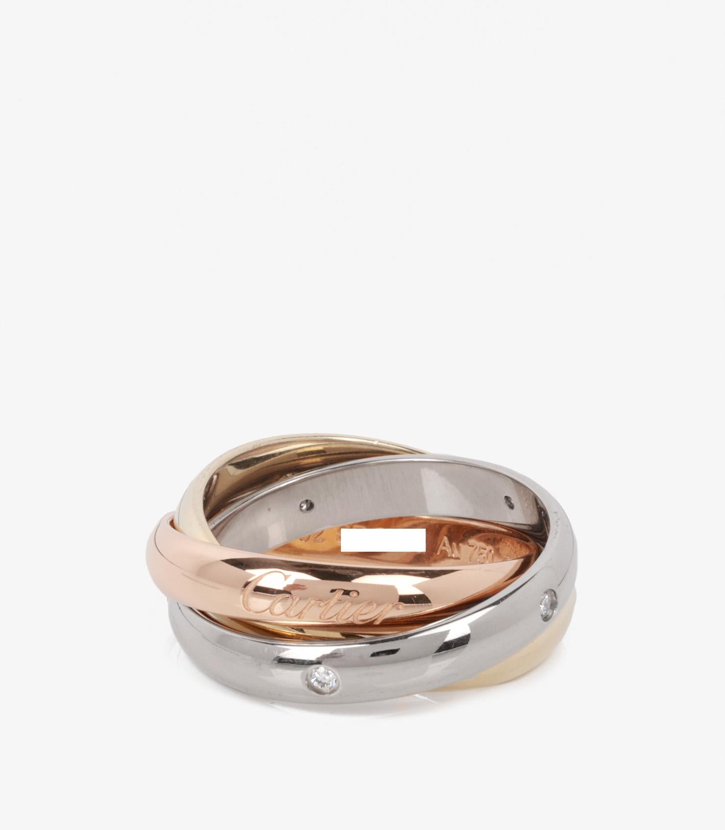 Brilliant Cut Cartier Diamond Set 18ct White, Yellow and Rose Gold Medium Trinity Ring For Sale