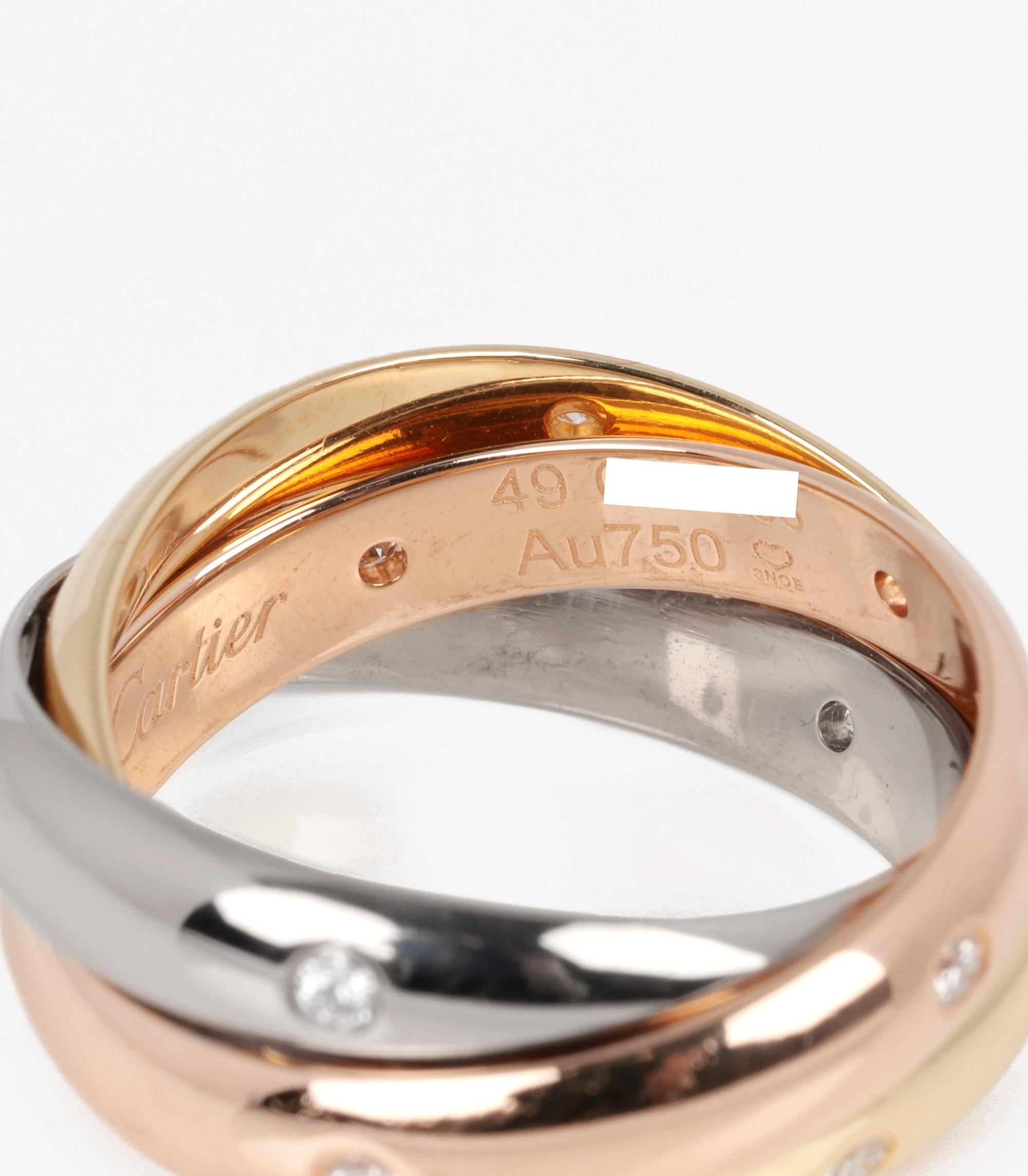 Round Cut Cartier Diamond Set 18ct White, Yellow And Rose Gold Medium Trinity Ring For Sale