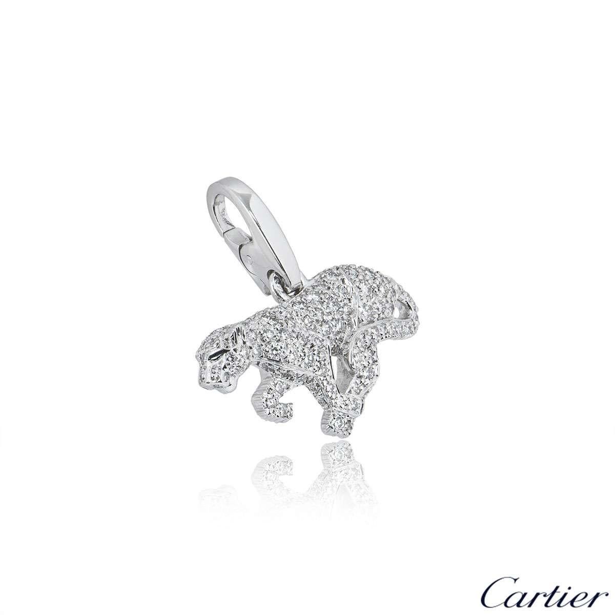 A beautiful 18k white gold diamond Cartier Panthere charm. The charm comprises of a panthere motif encrusted with round brilliant cut diamonds with a total weight of approximately 1.26ct. The charm features a lobster clasp and measures 2.3cm in