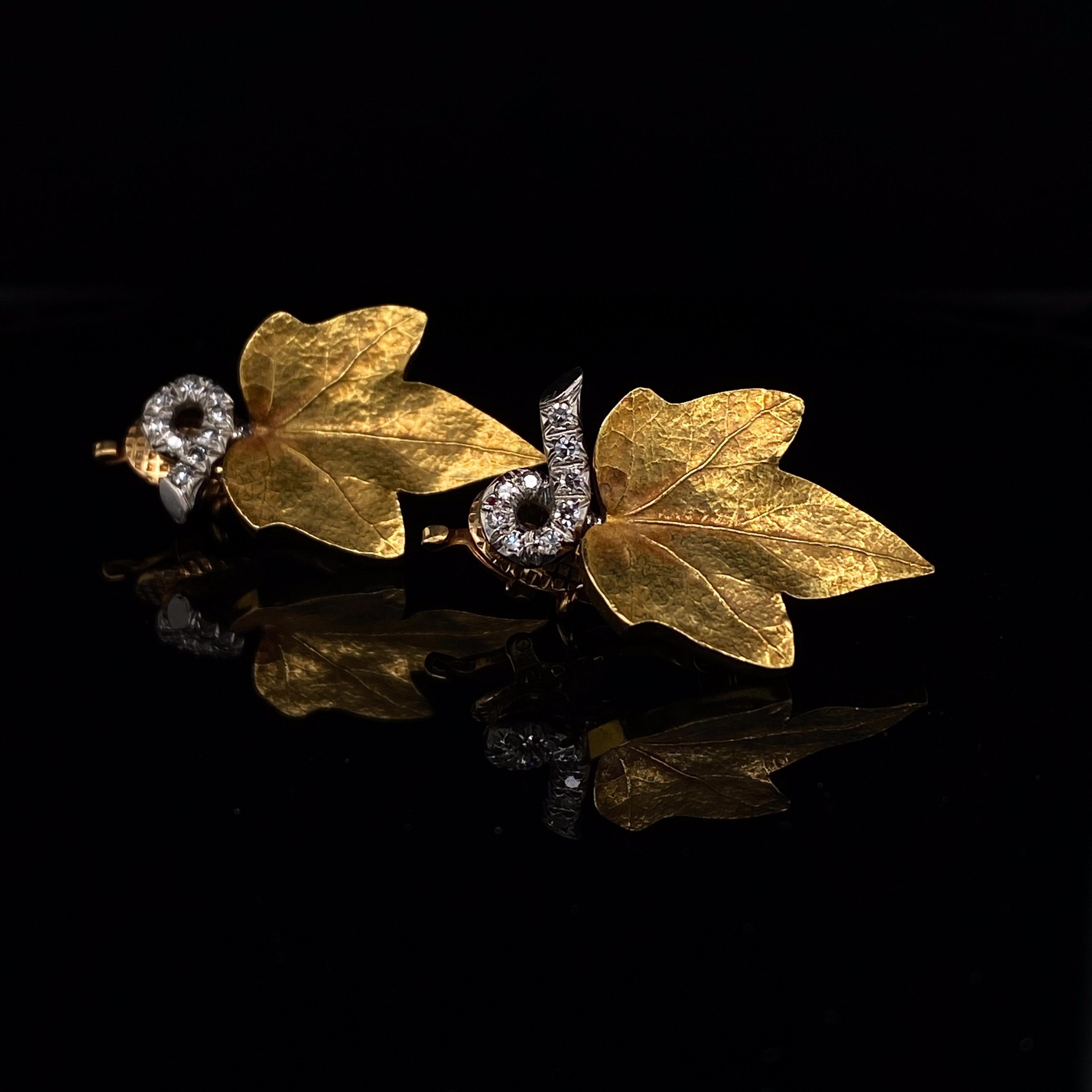 Brilliant Cut Cartier Diamond Set Yellow Gold Retro Leaf Design Earrings