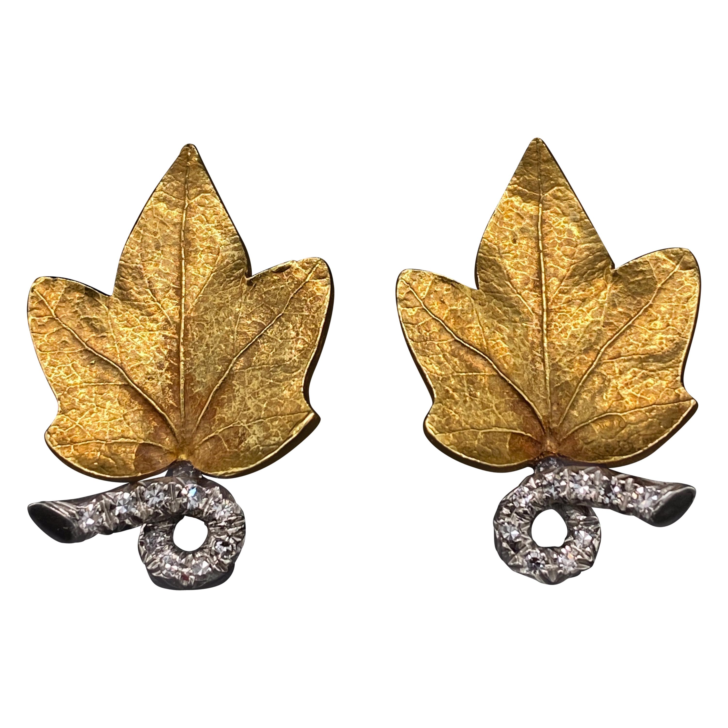Cartier Diamond Set Yellow Gold Retro Leaf Design Earrings