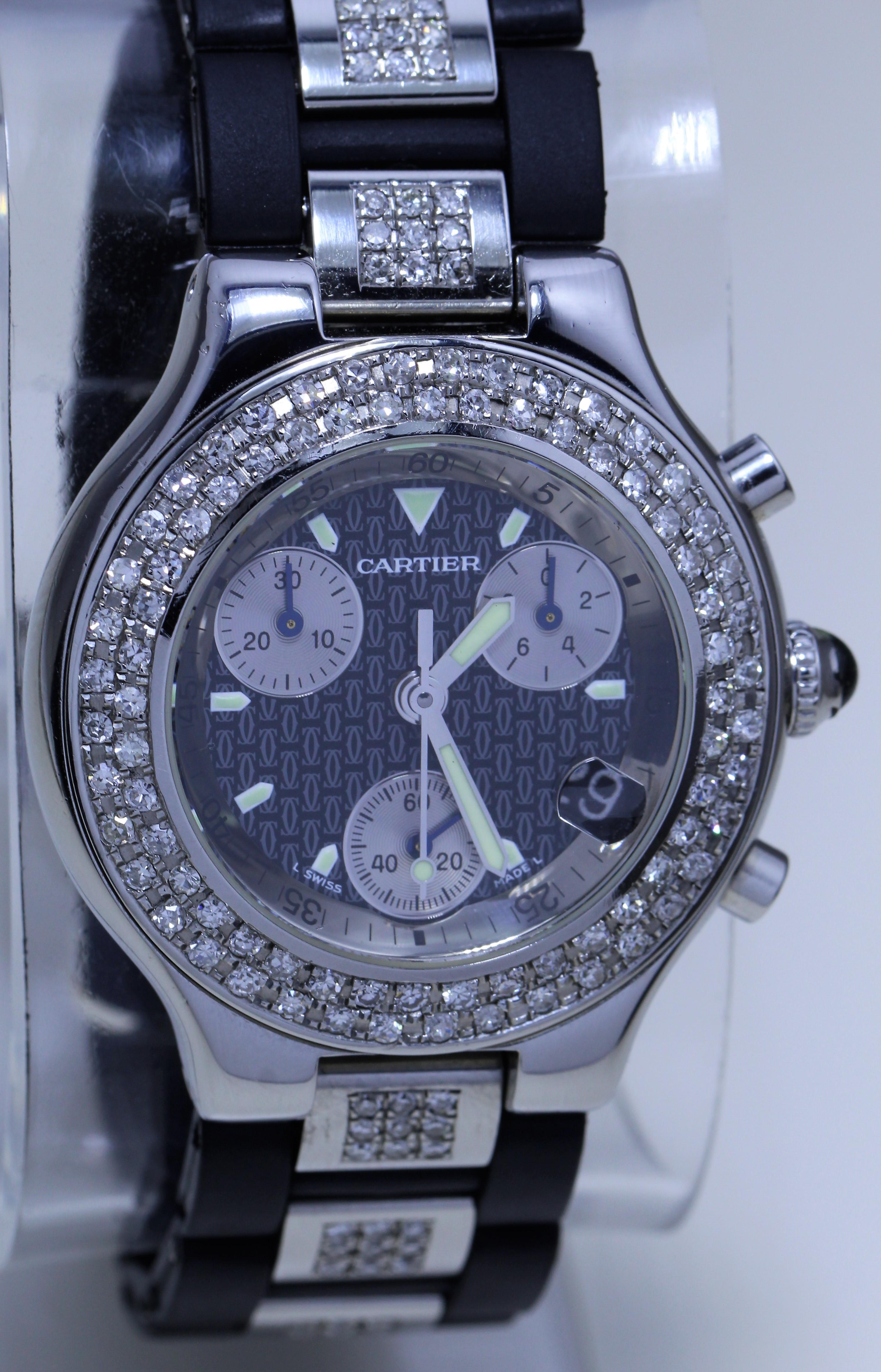 Cartier Diamond Studded Men's Watch

Diamond Studded Belt and Bezel
Chronograph and Date Display
Blue Face with Cartier logo pattern
Silicone band with Diamond-studded stainless steel links