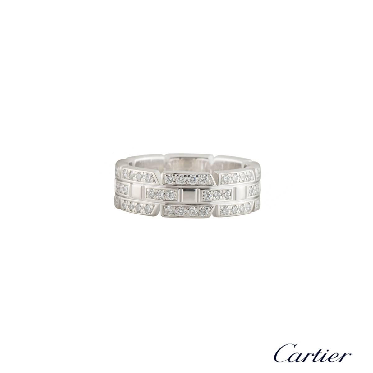 A beautiful 18k white gold diamond Cartier Francaise ring from the Links and Chain collection. The ring is composed of the iconic triple row of brick work motifs throughout with round brilliant cut diamonds. The diamonds have a total weight of