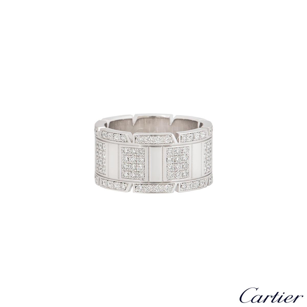 A beautiful 18k white gold plain ring by Cartier Tank Francaise from the Links and Chain collection. The ring is composed of the iconic triple row of brick work design set throughout with 160 round brilliant cut diamonds in a pave setting with a