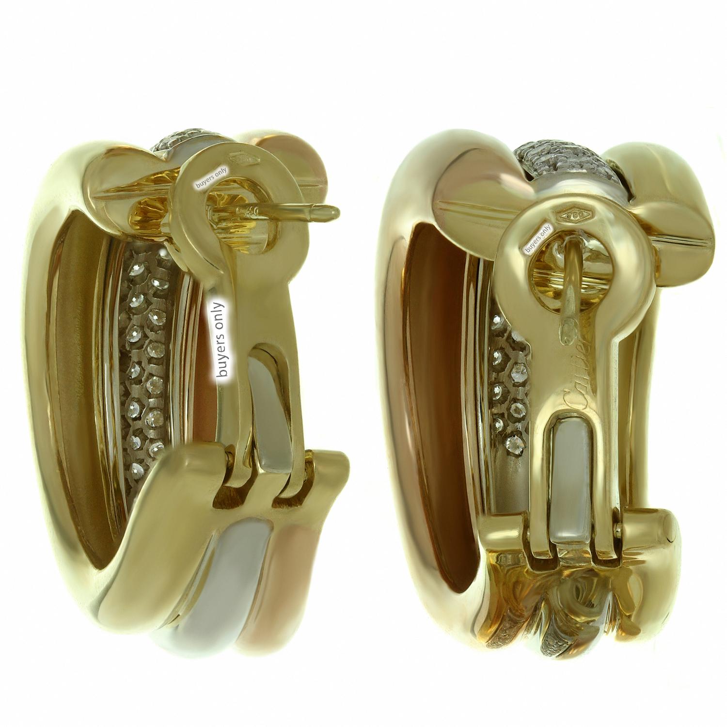 Cartier Diamond Tri-Color Gold Large Earrings In Excellent Condition For Sale In New York, NY