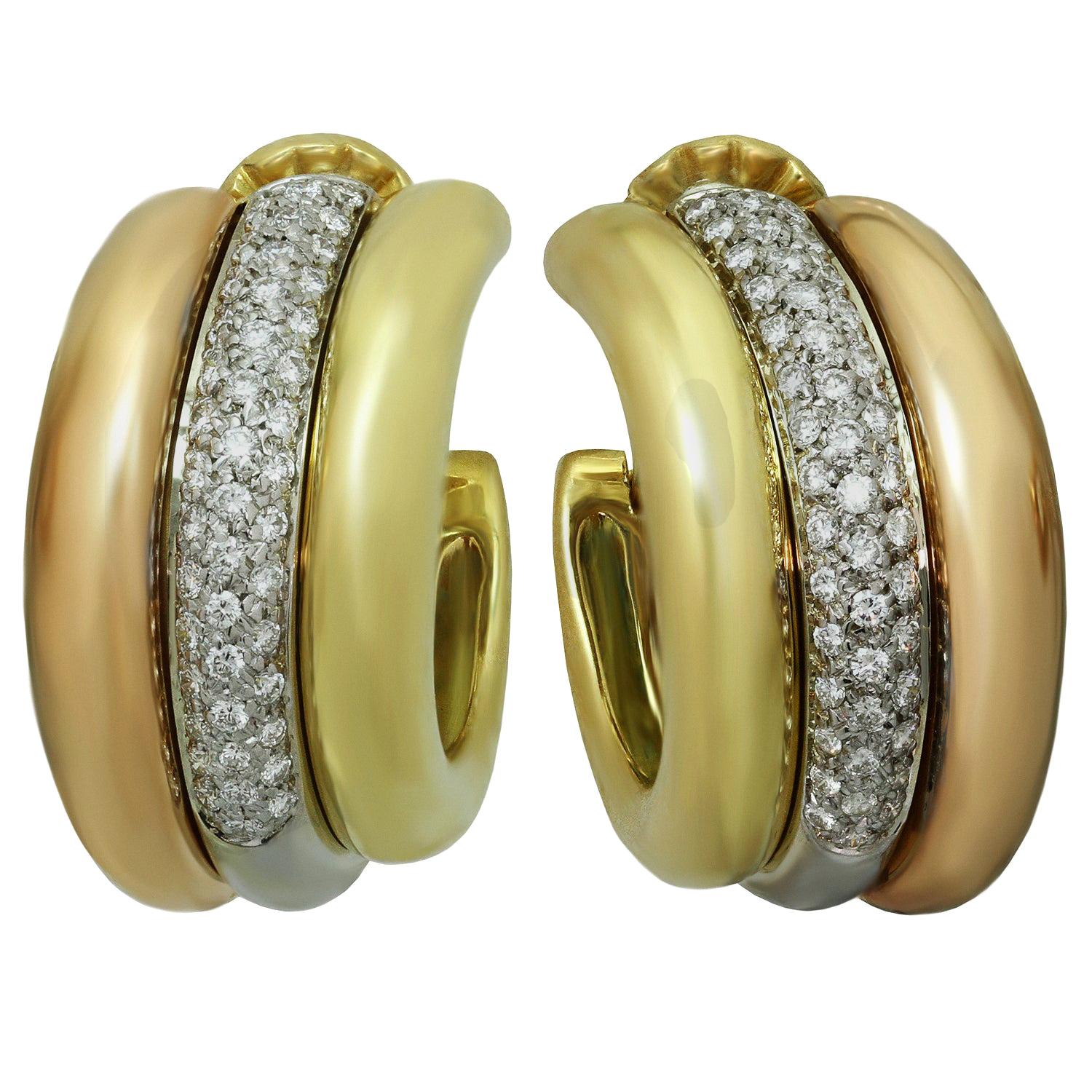 Cartier Diamond Tri-Color Gold Large Earrings For Sale