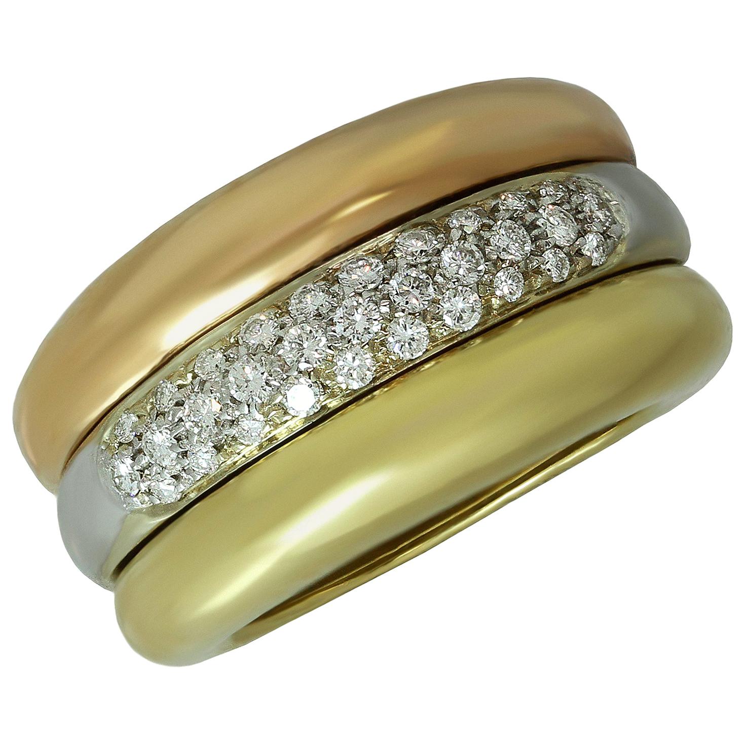 Cartier Diamond Tri-Color Gold Large Ring For Sale