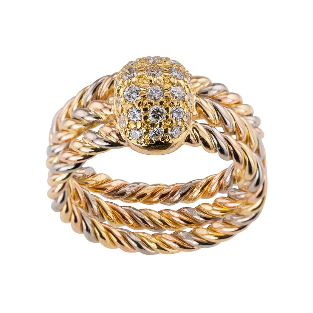 Cartier diamond and tricolor gold ring circa 1990.  Clear and concise information you want to know is listed below.  Contact us right away if you have additional questions.  We are here to connect you with beautiful and affordable jewelry, and it is