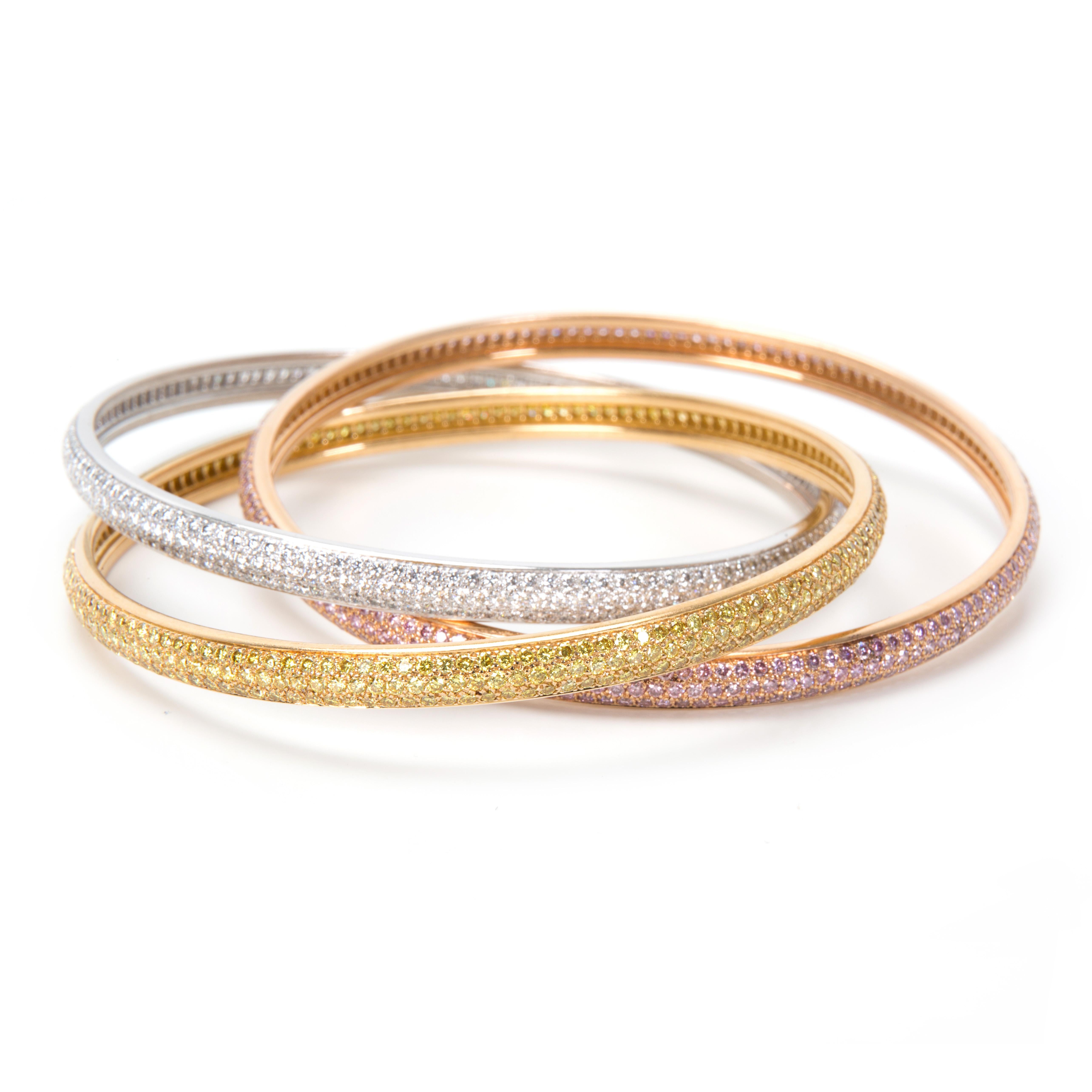 Retail price 325,000 USD. Bracelet features white, yellow and pink diamonds set in white, yellow and rose gold. Comes with original Cartier box and copy of Cartier valuation. 

Pink Diamonds: 5.05 ctw
Color: Fancy Pink
Clarity: VVS-VS

Yellow