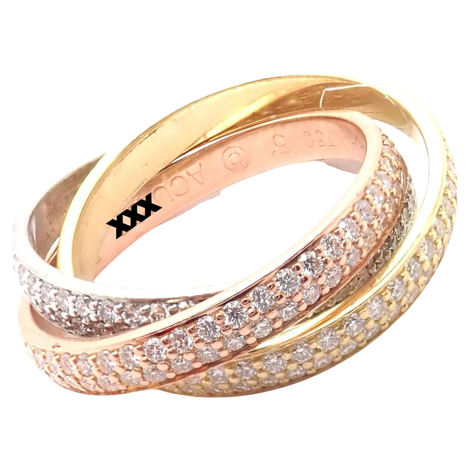 Cartier Diamond Trinity Small Model Tri-Color Gold Band Ring For Sale