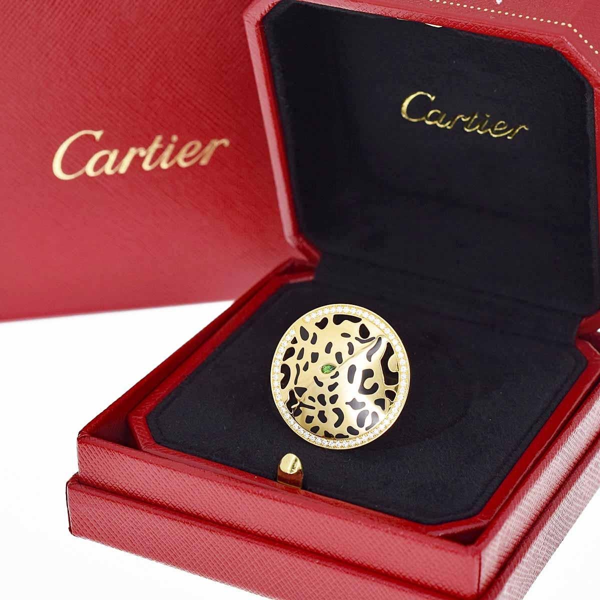 Cartier Diamond Tsavorite Lacquer 18 Karat Yellow Gold Panthere De Cartier Ring In Good Condition For Sale In Tokyo, JP