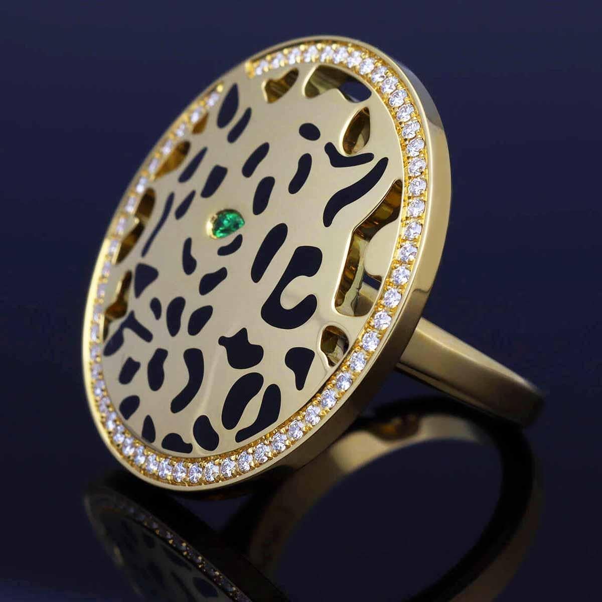 Cartier Diamond Tsavorite Lacquer 18K Yellow Gold Panthere De Cartier Ring US 4 For Sale 2