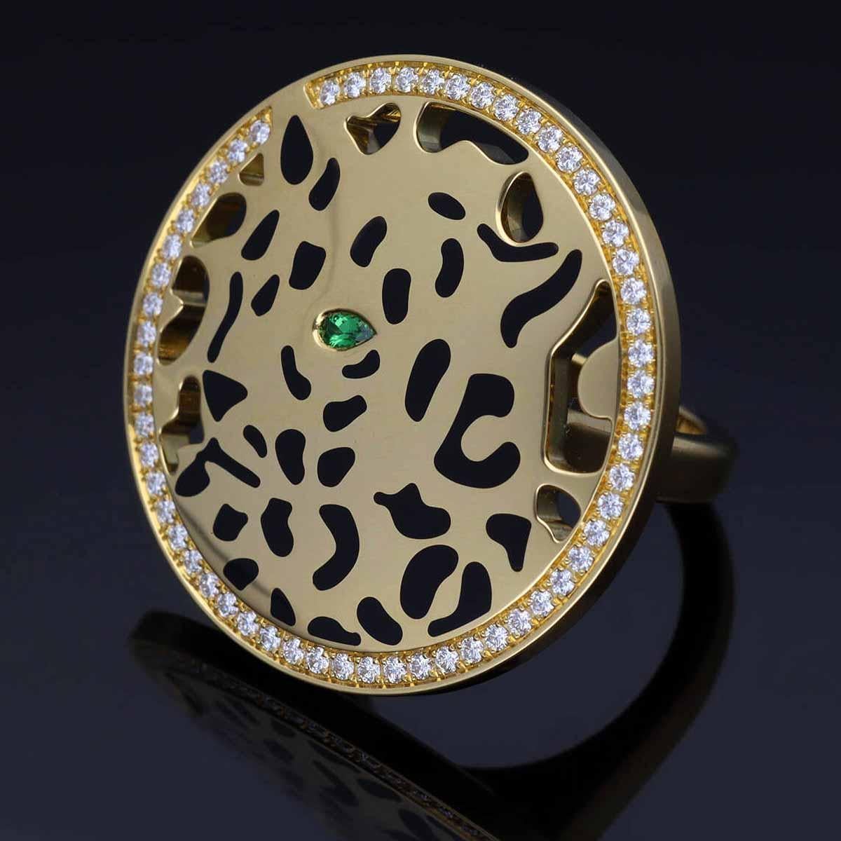 Women's or Men's Cartier Diamond Tsavorite Lacquer 18K Yellow Gold Panthere De Cartier Ring US 4 For Sale