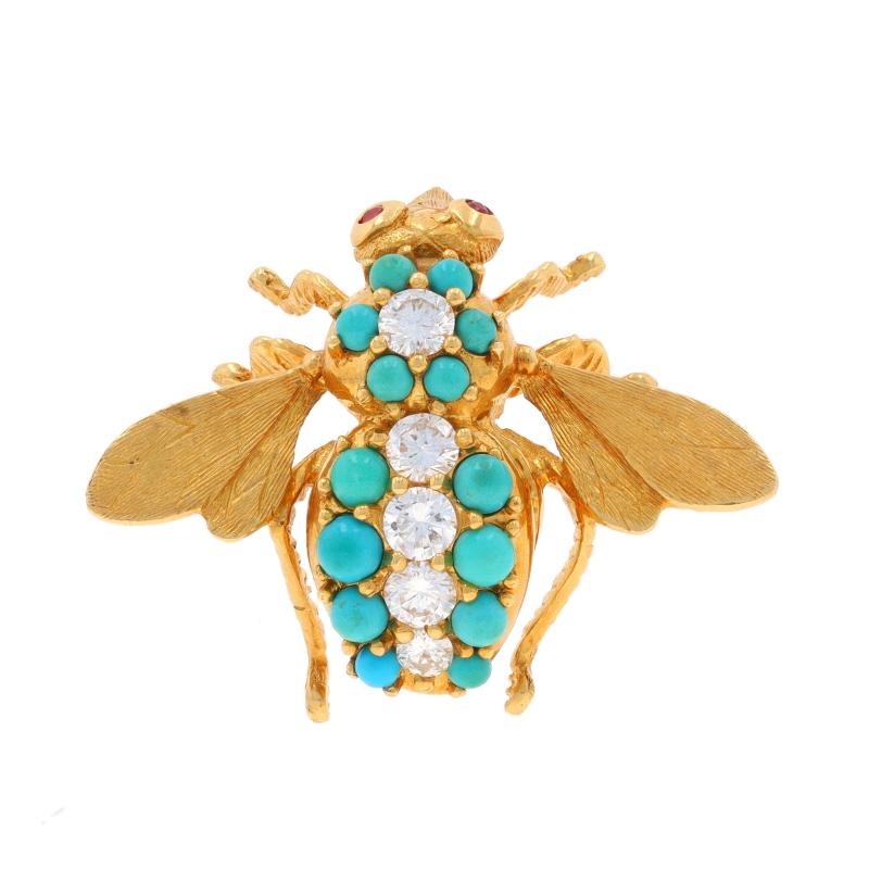 Brand: Cartier
Era: Vintage

Metal Content: 18k Yellow Gold

Stone Information
Natural Diamonds
Carat(s): .80ctw
Cut: Round Brilliant
Color: F - G
Clarity: VS1 - VS2

Natural Turquoise
Treatment: Routinely Enhanced
Cut: Round Cabochon
Color: Bluish
