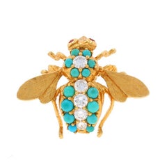Cartier Diamond Turquoise Ruby Vintage Bee Brooch -Yellow Gold 18k Rd .80ctw Pin
