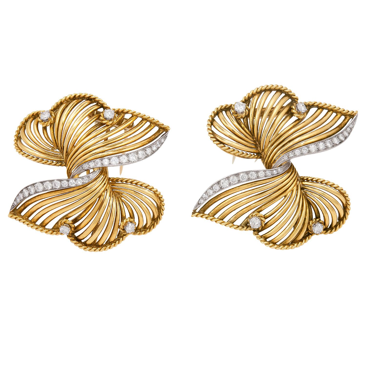 Cartier Vintage 1950s Pair Diamond Gold Diamond Bow Brooches