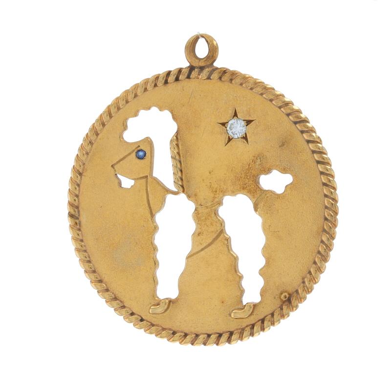 Brand: Cartier
Era: Vintage

Metal Content: 14k Yellow Gold

Stone Information

Natural Diamond
Carat(s): .06ct
Cut: Round Brilliant
Color: F
Clarity: VS1

Carat(s): .03ct
Cut: Round
Stone Note: chipped

Theme: Poodle, Dog
Features: Matte Finish,