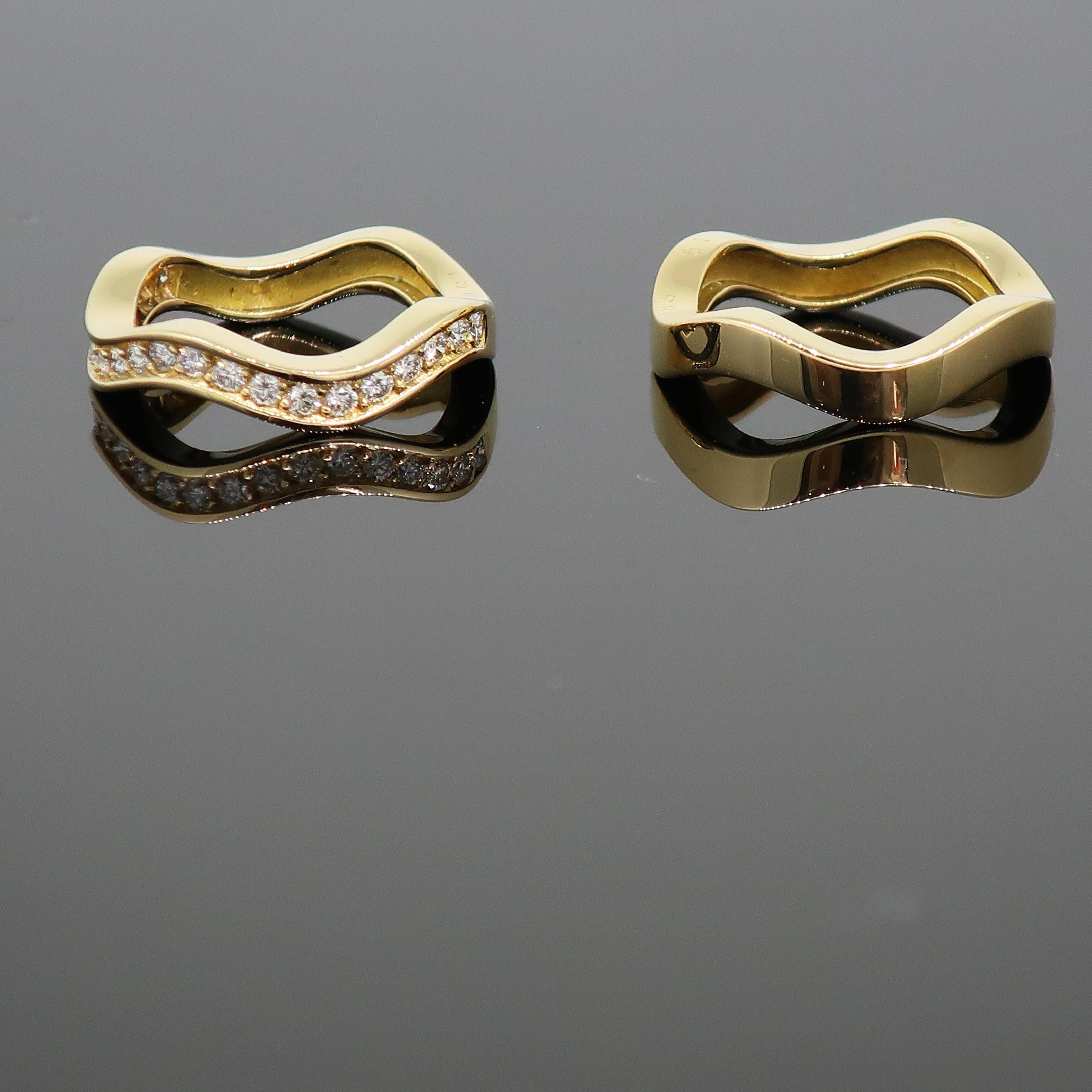 Cartier Diamond Wave Band Ring Set 18ct Yellow Gold Size 51

Two wave rings by Cartier. One plain band and one set with twenty white brilliant cut diamonds. These rings fit perfectly together, the would look great if you had another colour Cartier