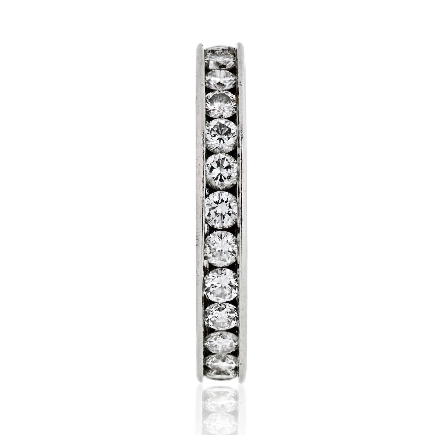 Cartier platinum diamond eternity band mounted with round cut diamonds of superb quality.
Ring Width: 3.4mm
Setting: Channel low set
Comes with Cartier box.
Size: 8
Will lightly buff and polish before shipping