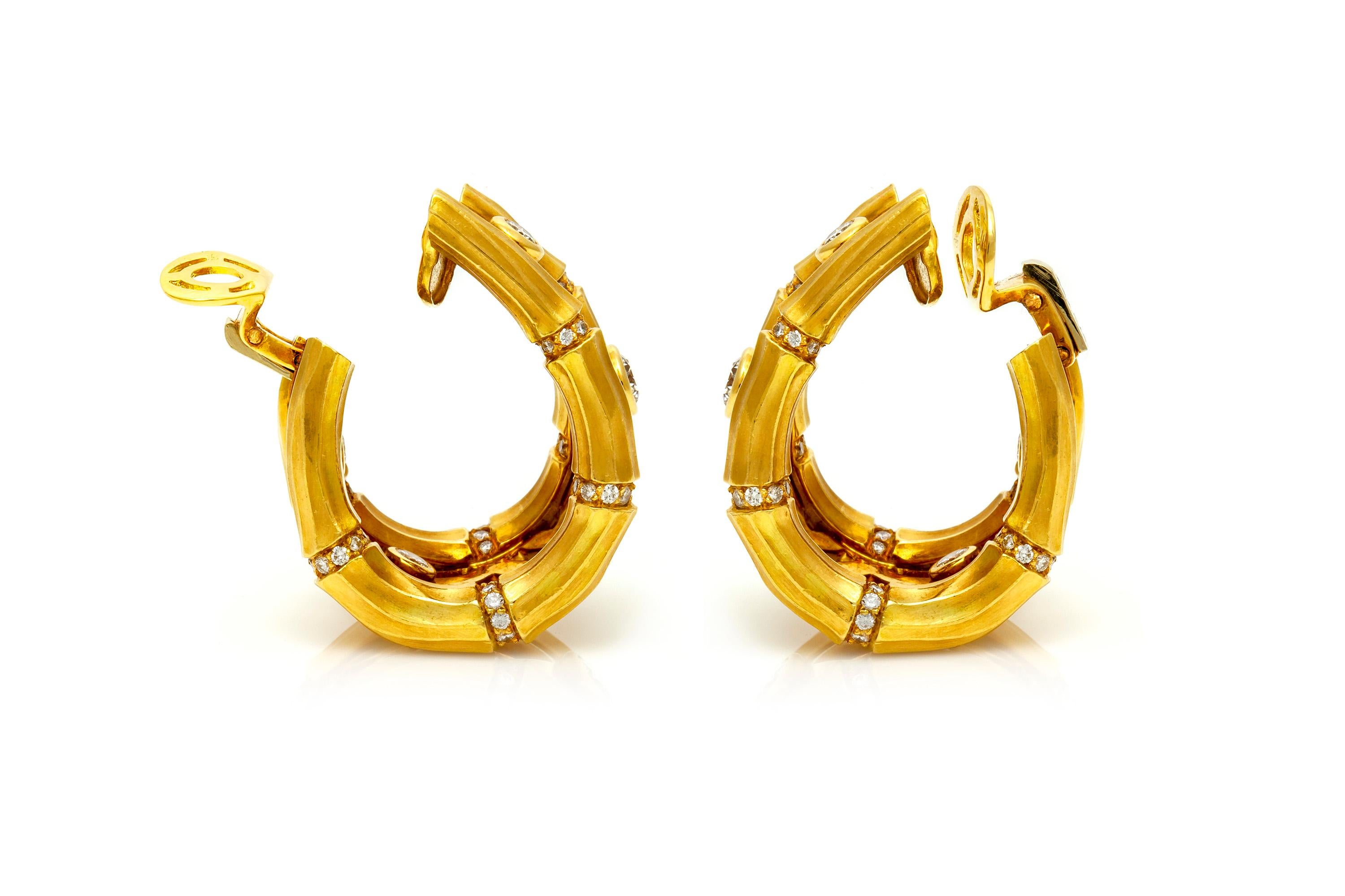 Round Cut Cartier Gold Bamboo Earrings with Diamonds