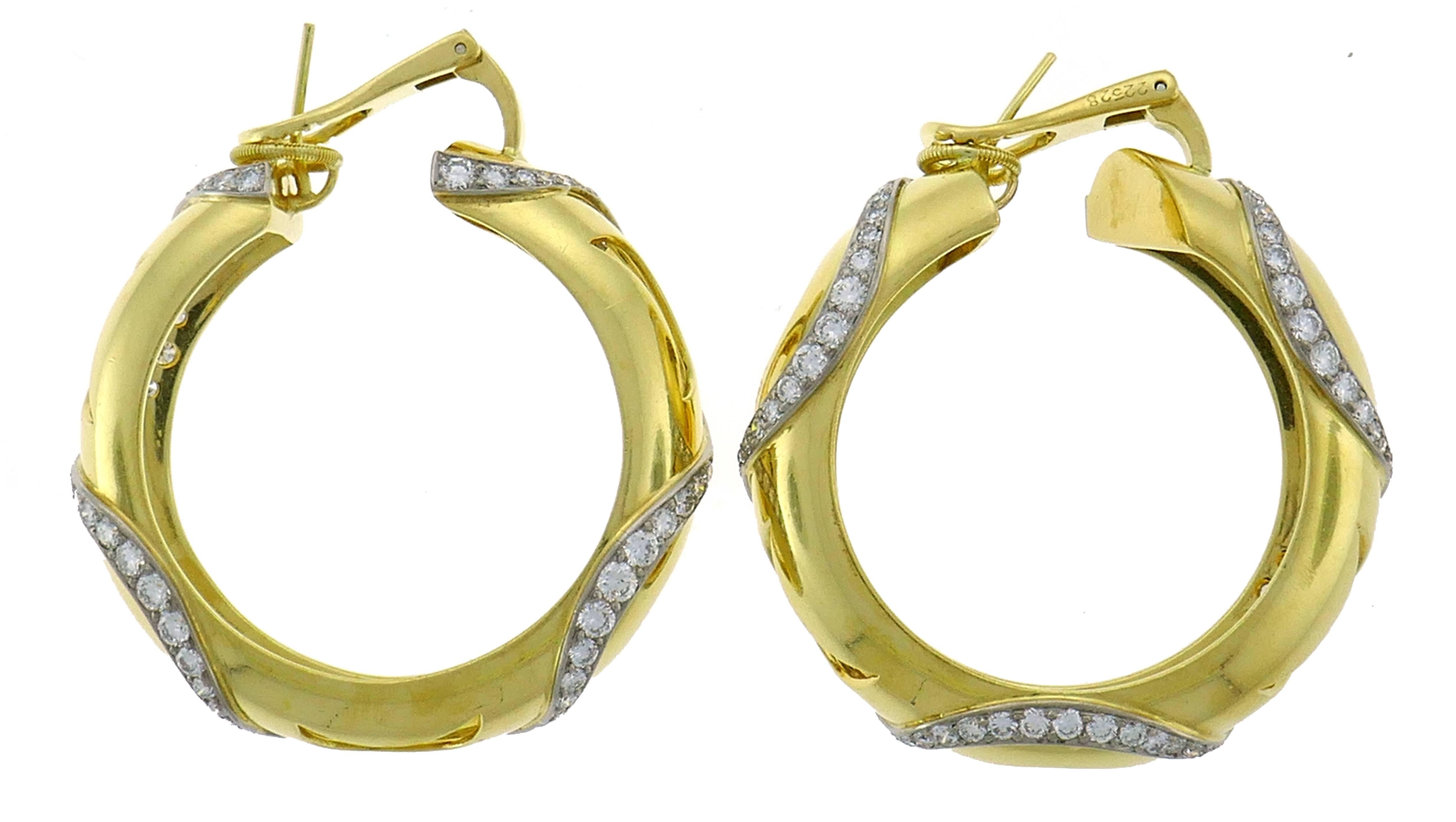 Round Cut Cartier Diamond Yellow Gold Hoop Earrings For Sale