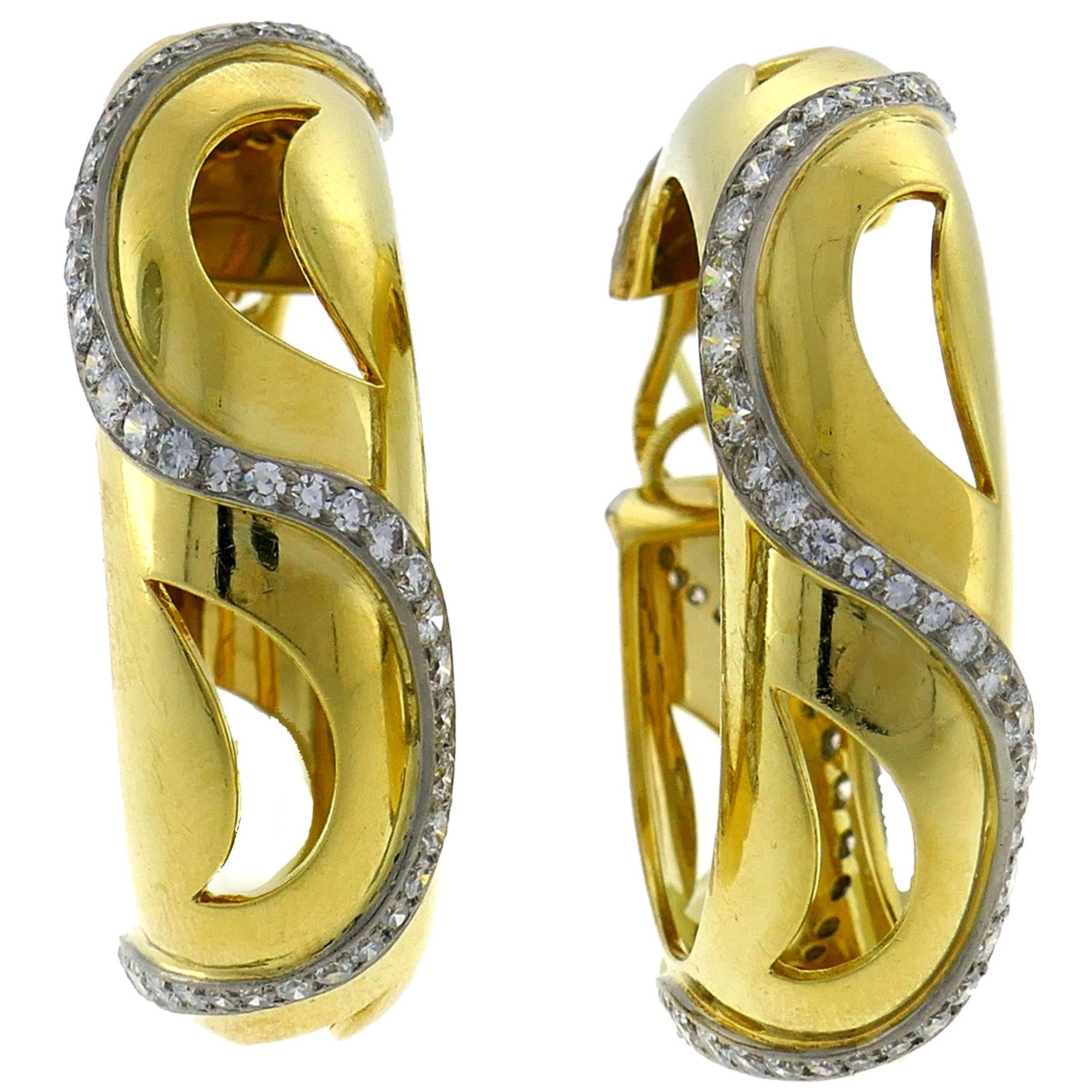 Cartier Diamond Yellow Gold Hoop Earrings For Sale