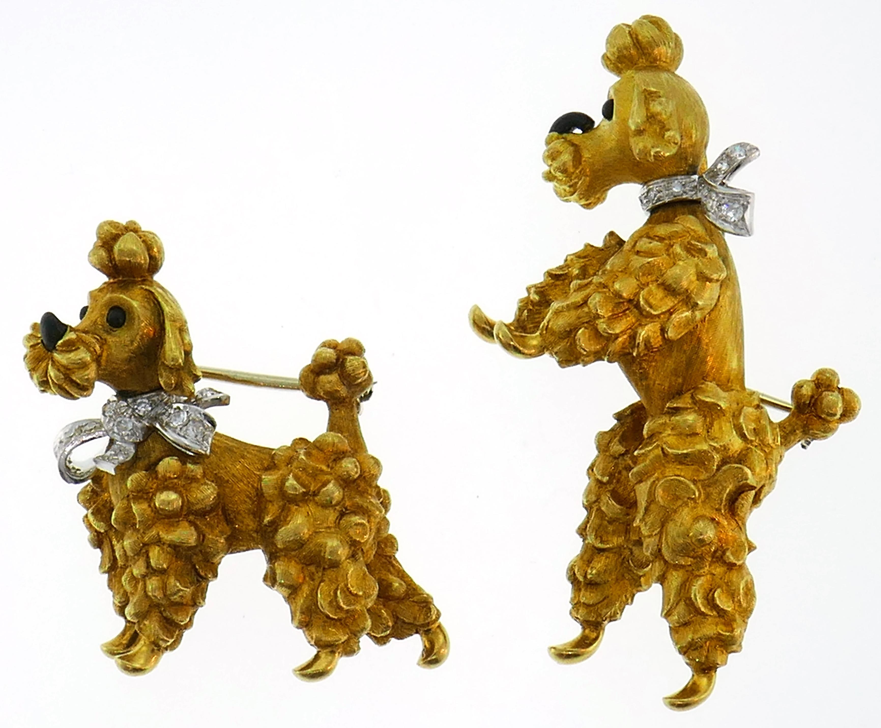 A pair of iconic poodle pins created by Cartier in Italy in the 1950s. Definitely a conversational piece, cute and joyful, the pair is a great addition to your jewelry collection.

The pins are made of 18 karat (stamped) yellow gold, the poodles'