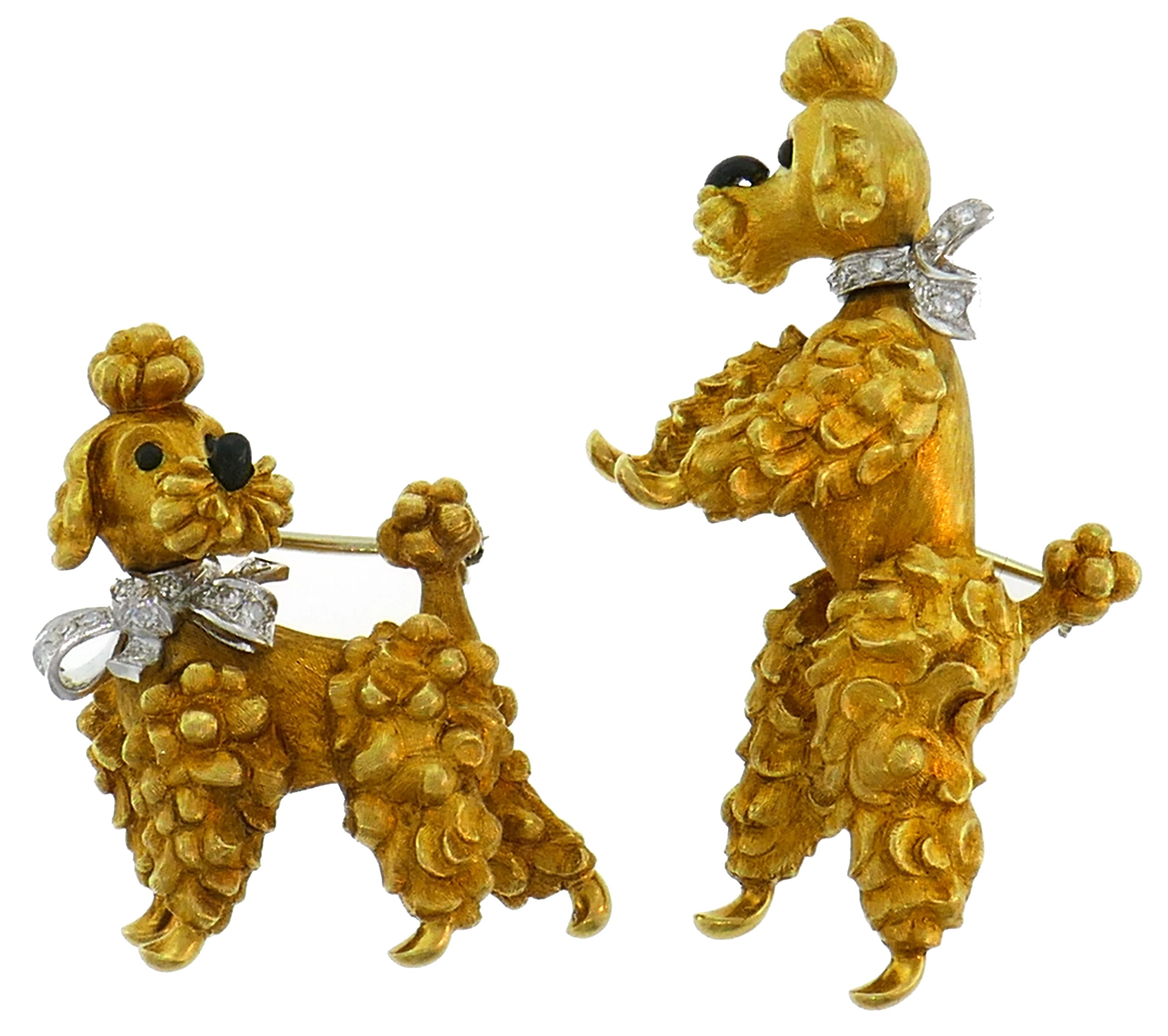 Cartier Diamond Yellow Gold Poodle Clip Pin Brooch Pair, 1950s