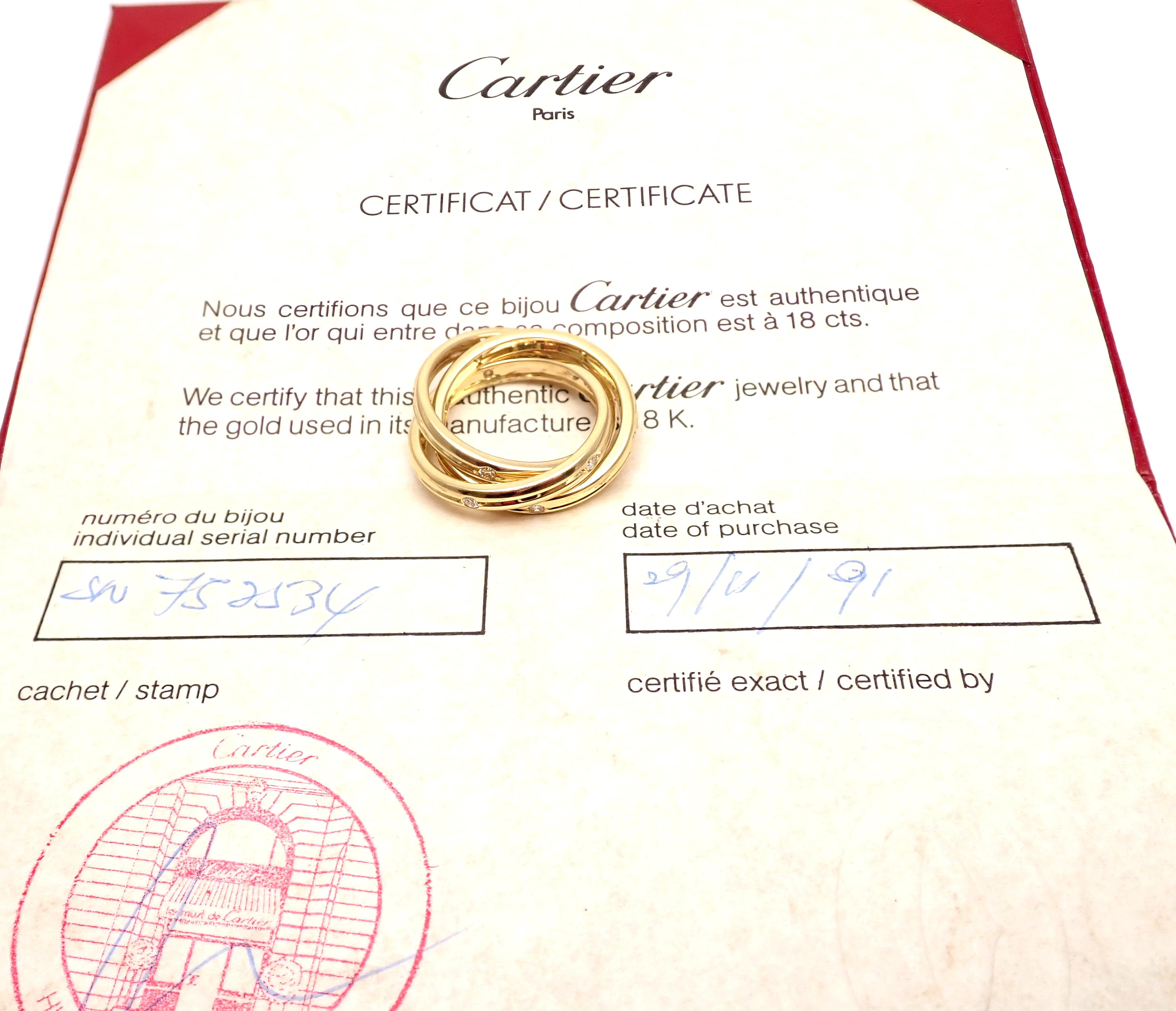 18k Yellow Gold Diamond Trinity Three Band Ring by Cartier. 
With 15 Round brilliant cut diamonds VS1 clarity, G color total weight approximately .45ct
This ring comes with Cartier certificate of authenticity.
Details: 
Size: European 51 US 5