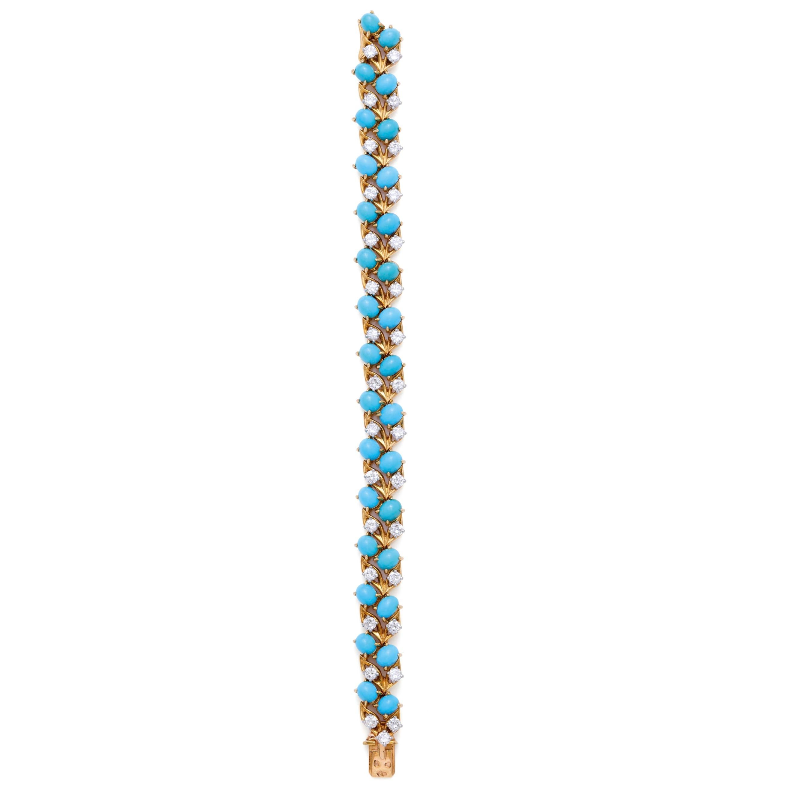 Very delicate bracelet, floral style, in yellow gold set with turquoises cabochon cut and diamonds. 
Signed Cartier Paris, and numbered. 
Year : 60'
length : 17,5 cm
38,65 grs