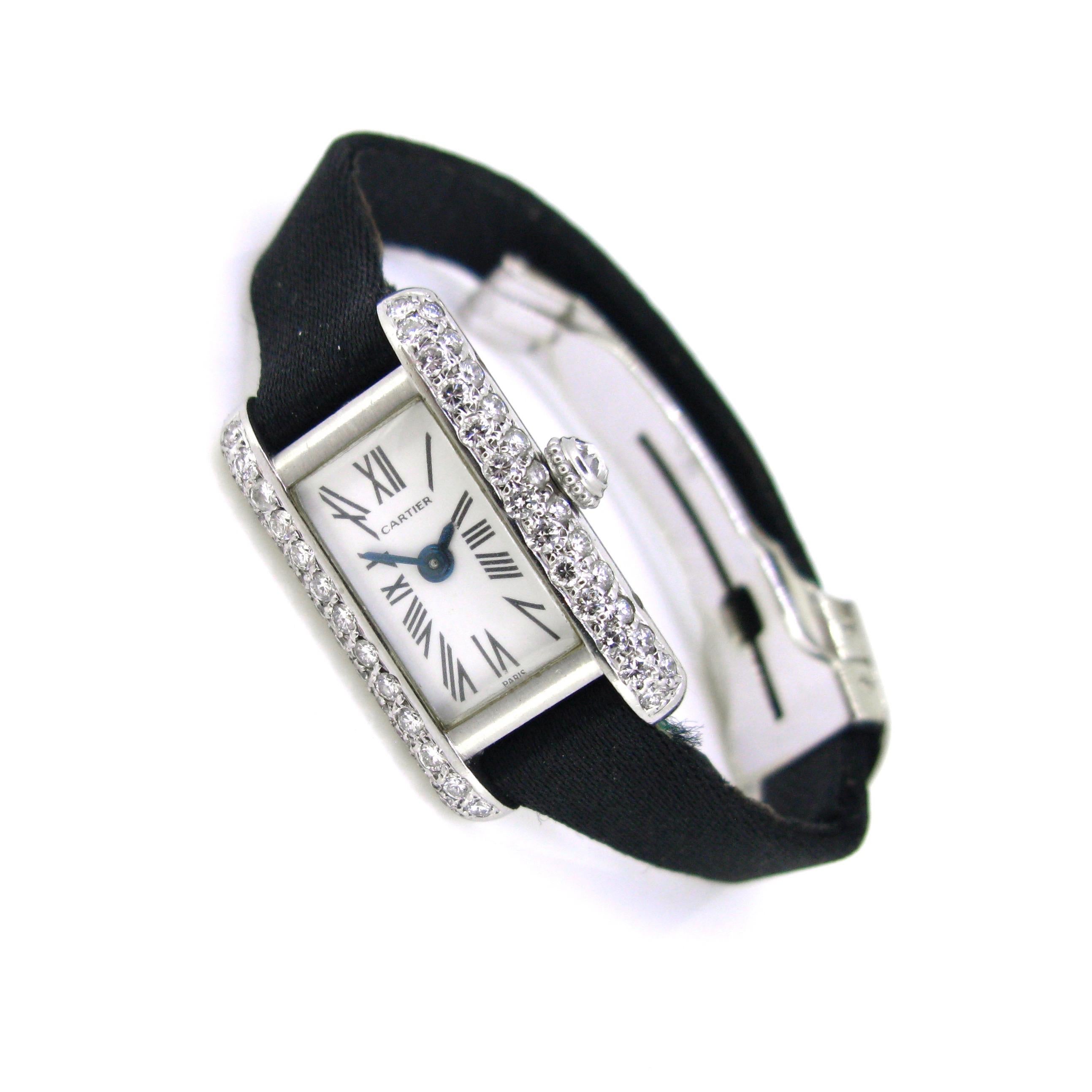 Round Cut Cartier Diamonds Platinum White Gold Lady Wristwatch