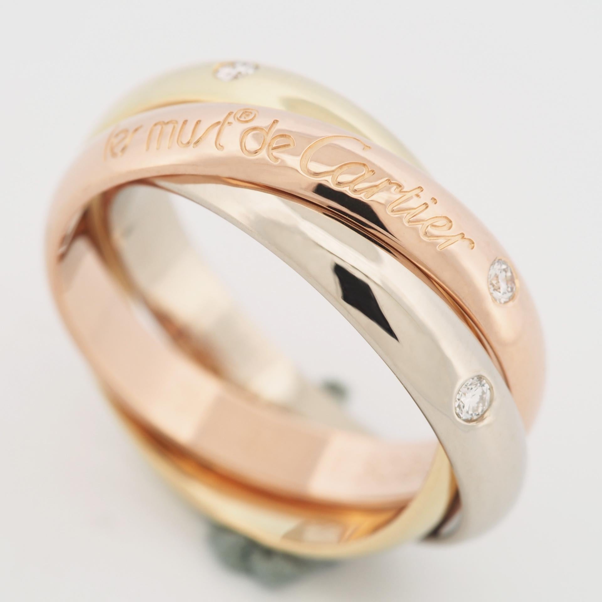 Artículo: Auténtico Anillo Cartier Trinidad ( 150 Aniversario Edición Limitada )
Piedras: 3 diamantes
Metal: Oro amarillo / rosa / blanco de 18 quilates
Talla del anillo: 52 TALLA US 6.0 TALLA UK L 1/2
Diámetro interior:  16.55 mm
Medición:  3.4