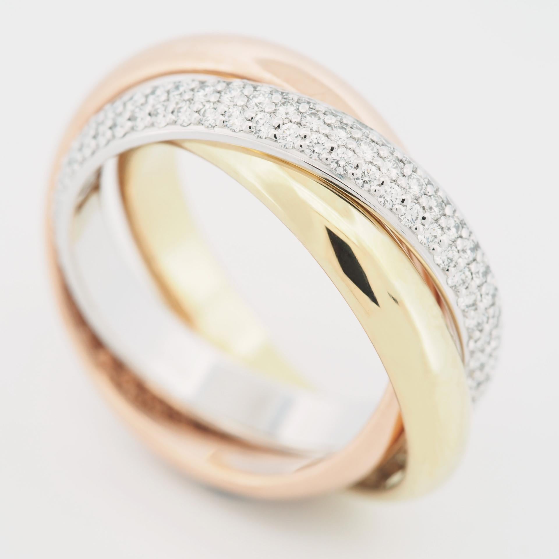 Artikel: Authentischer Cartier Trinity Diamanten Ring 
Steine: Diamant (Dies ist das ältere Modell mit ca. 1,0 - 1,4 Karat Diamanten)
Metall: 18K Gelb / Rose / Weißgold
Ring Größe: 56 US SIZE 7.75 UK SIZE P
Innendurchmesser:  18.00 mm
Messung:  4,0
