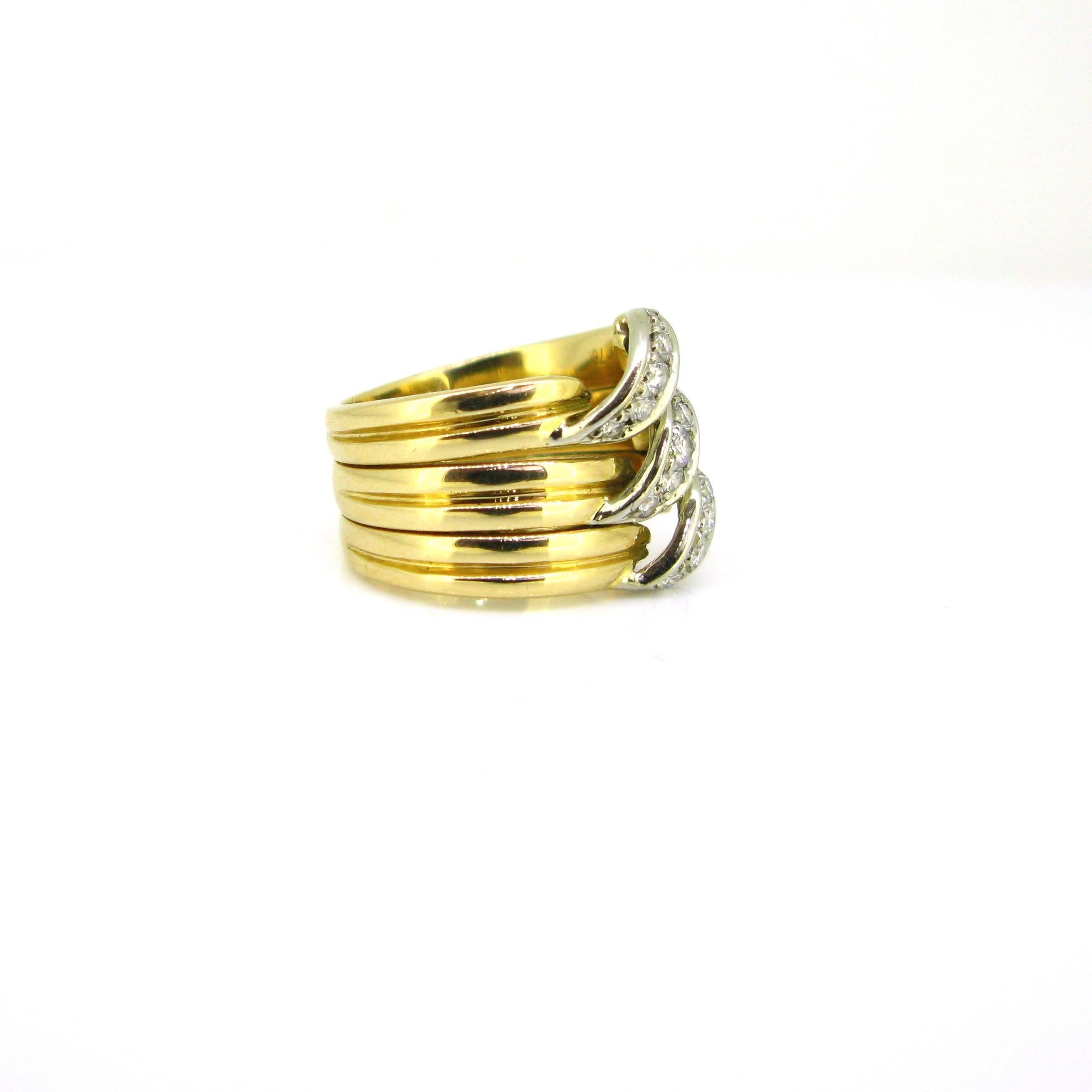 Brilliant Cut Cartier Diamonds Triple Stack Ring, 18kt Yellow and White Gold, France, circa 19