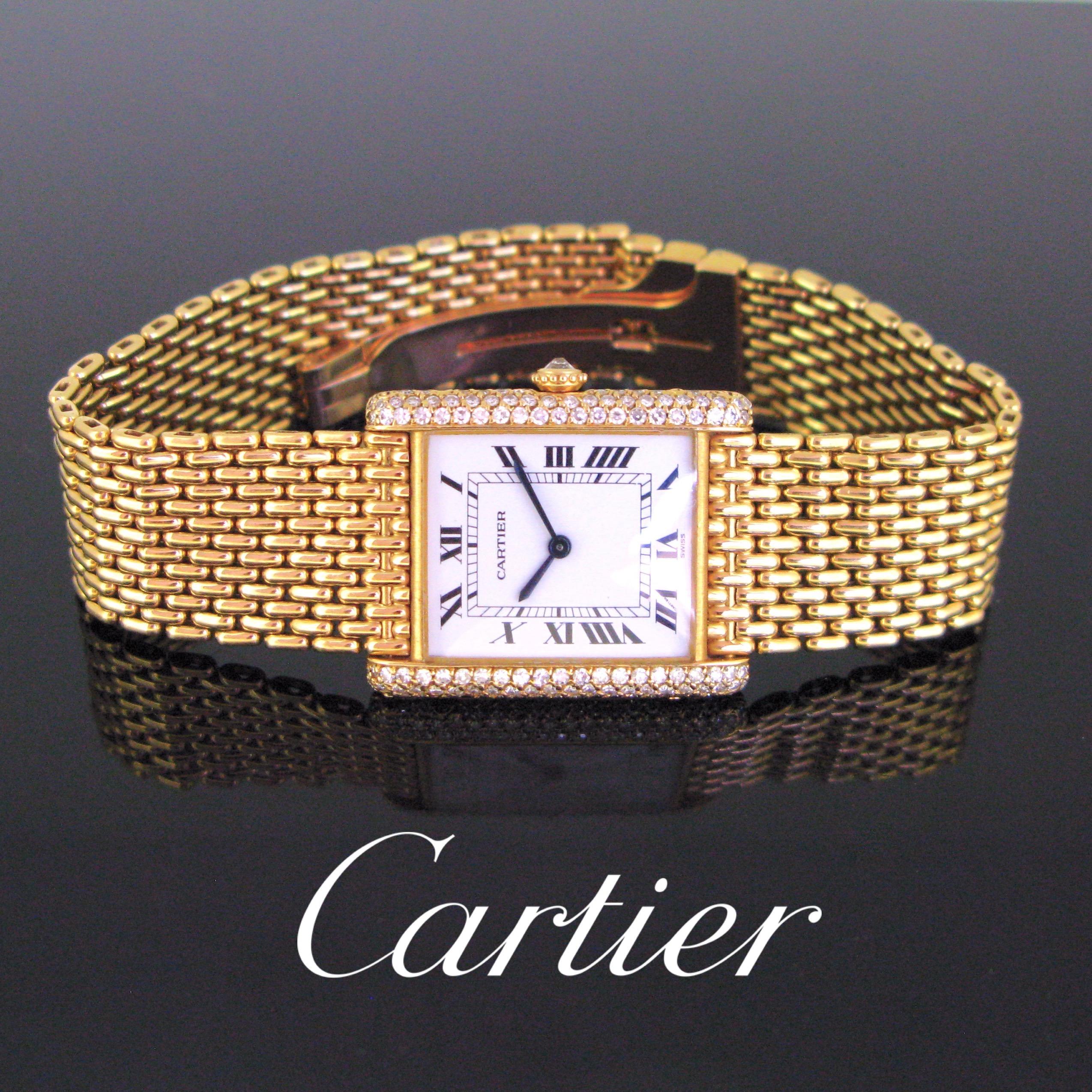 Comments: 	This lady’s wristwatch is fully made in 18kt yellow gold and adorned with single cut diamonds on each side of the dial. It is the Tank Model with the Grain de Riz design for the bracelet. The Tank line was created by Louis Cartier in