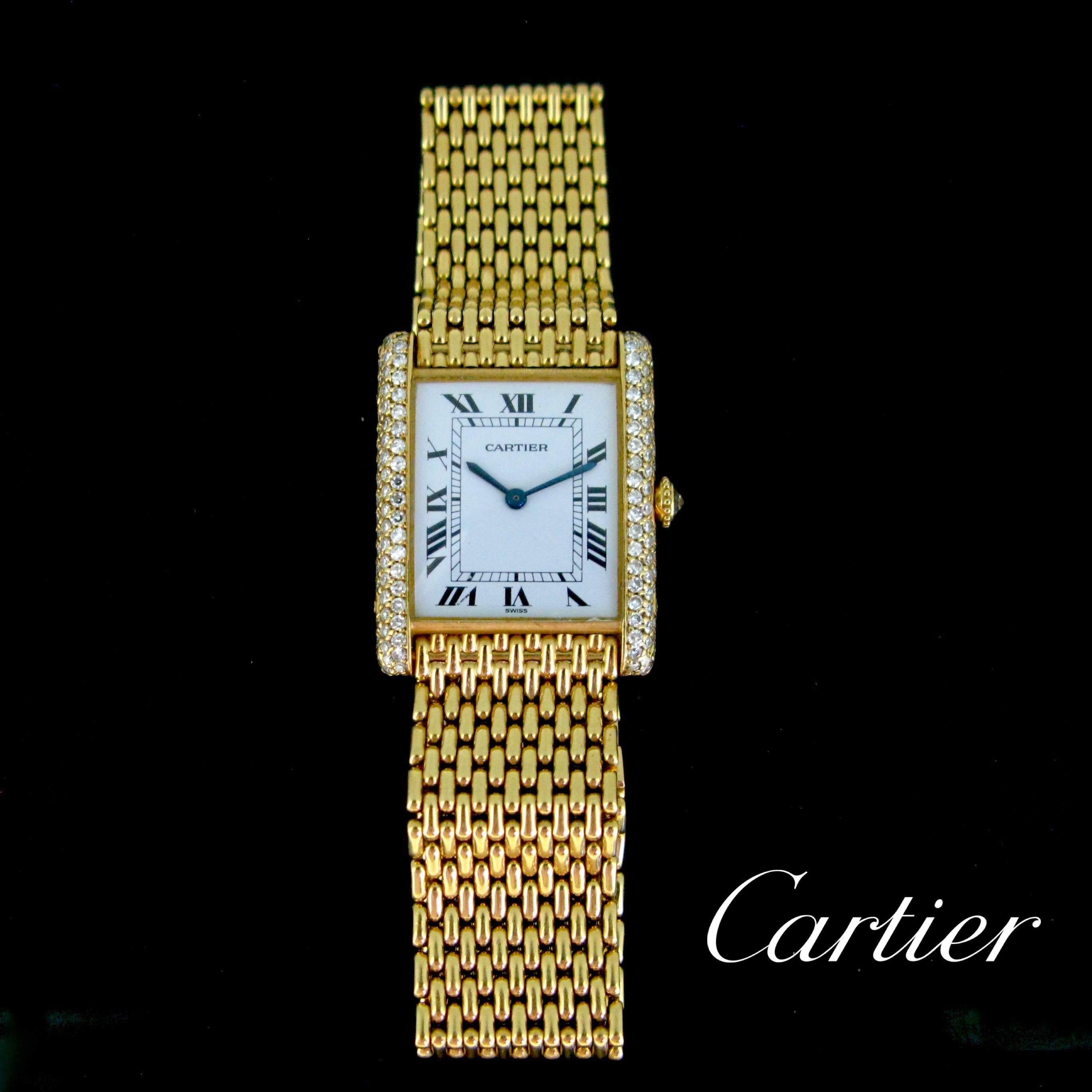 Single Cut Cartier Diamonds Yellow Gold Grain de Riz Tank Wristwatch, circa 1970