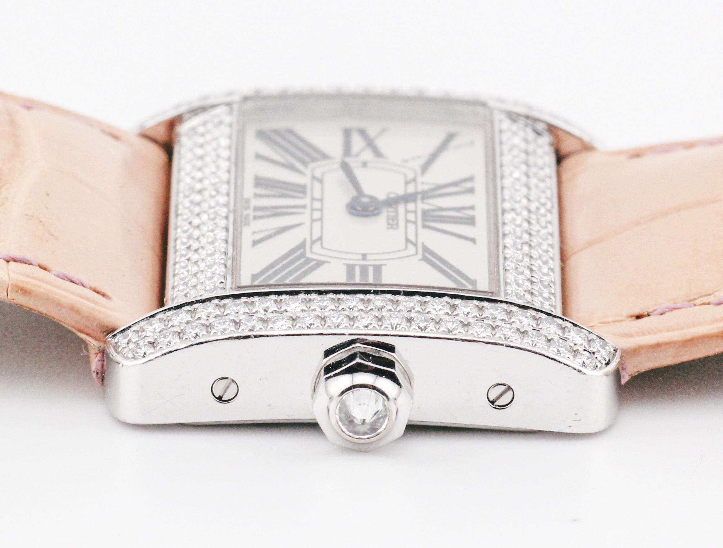 Women's Cartier Divan 32mm 18K White Gold Factory Diamond Watch For Sale