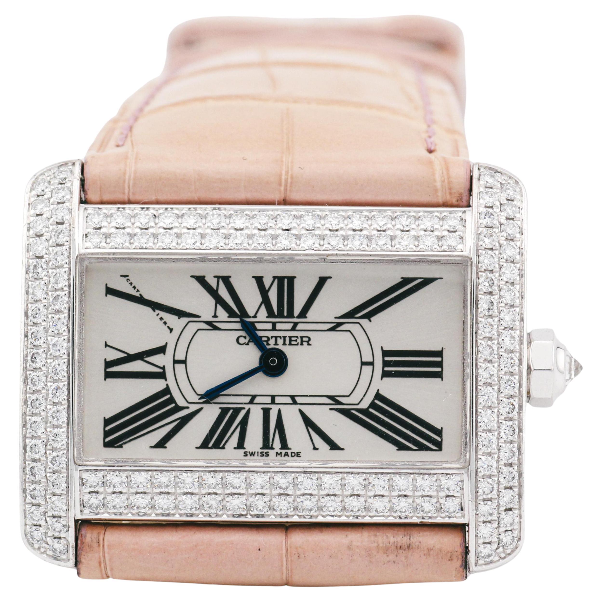 Cartier Divan 32mm 18K White Gold Factory Diamond Watch For Sale