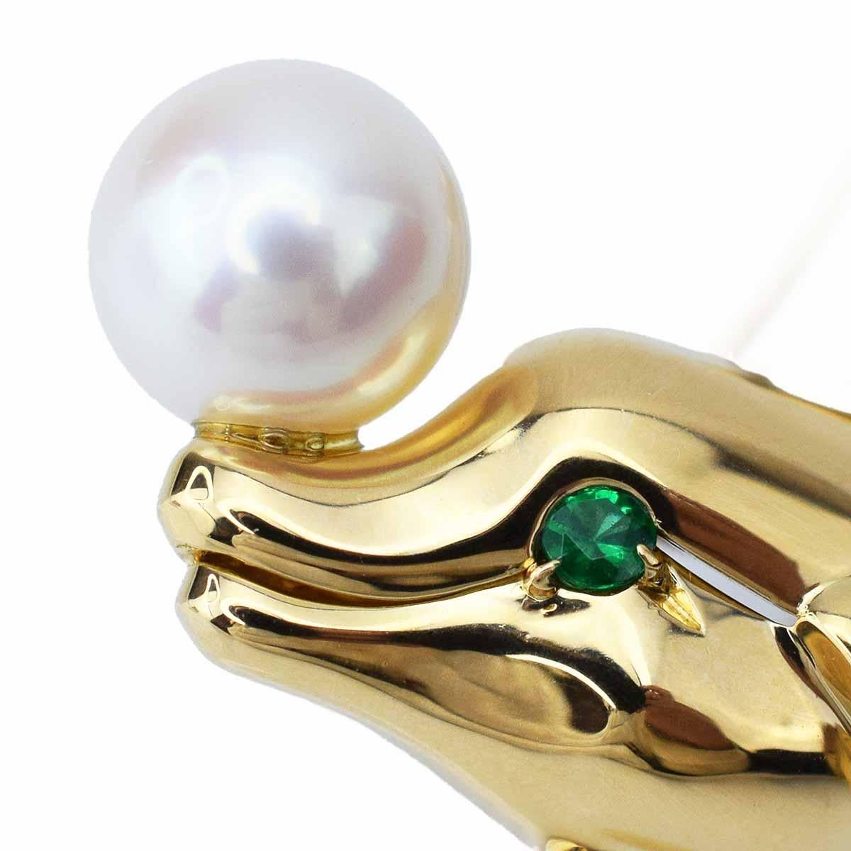 Round Cut Cartier Dolphin Pearl Emerald 18 Karat Yellow Gold ORFY Clip Brooch For Sale