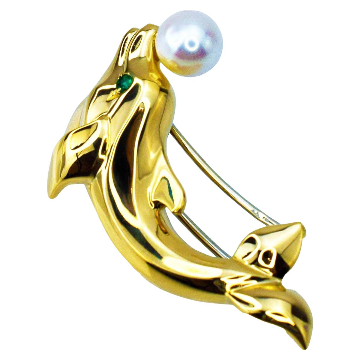 Cartier Dolphin Pearl Emerald 18 Karat Yellow Gold ORFY Clip Brooch For Sale