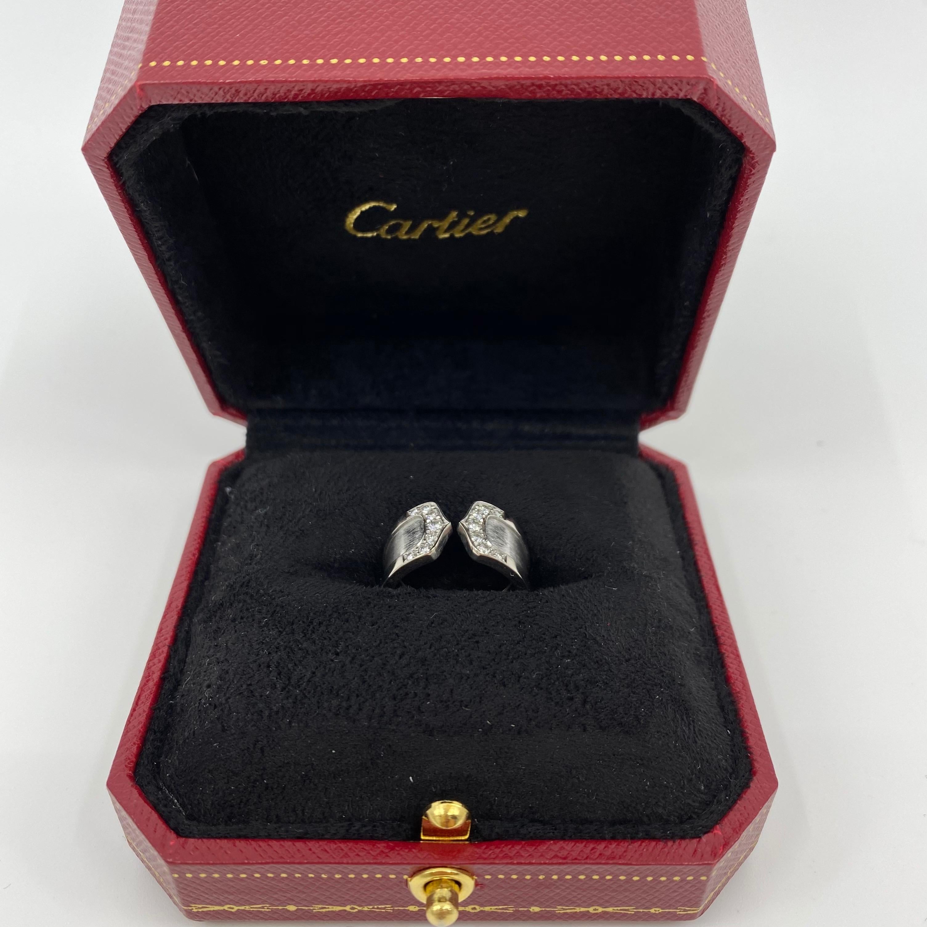Round Cut Cartier Double C 18 Karat White Gold Brushed Diamond Band Ring