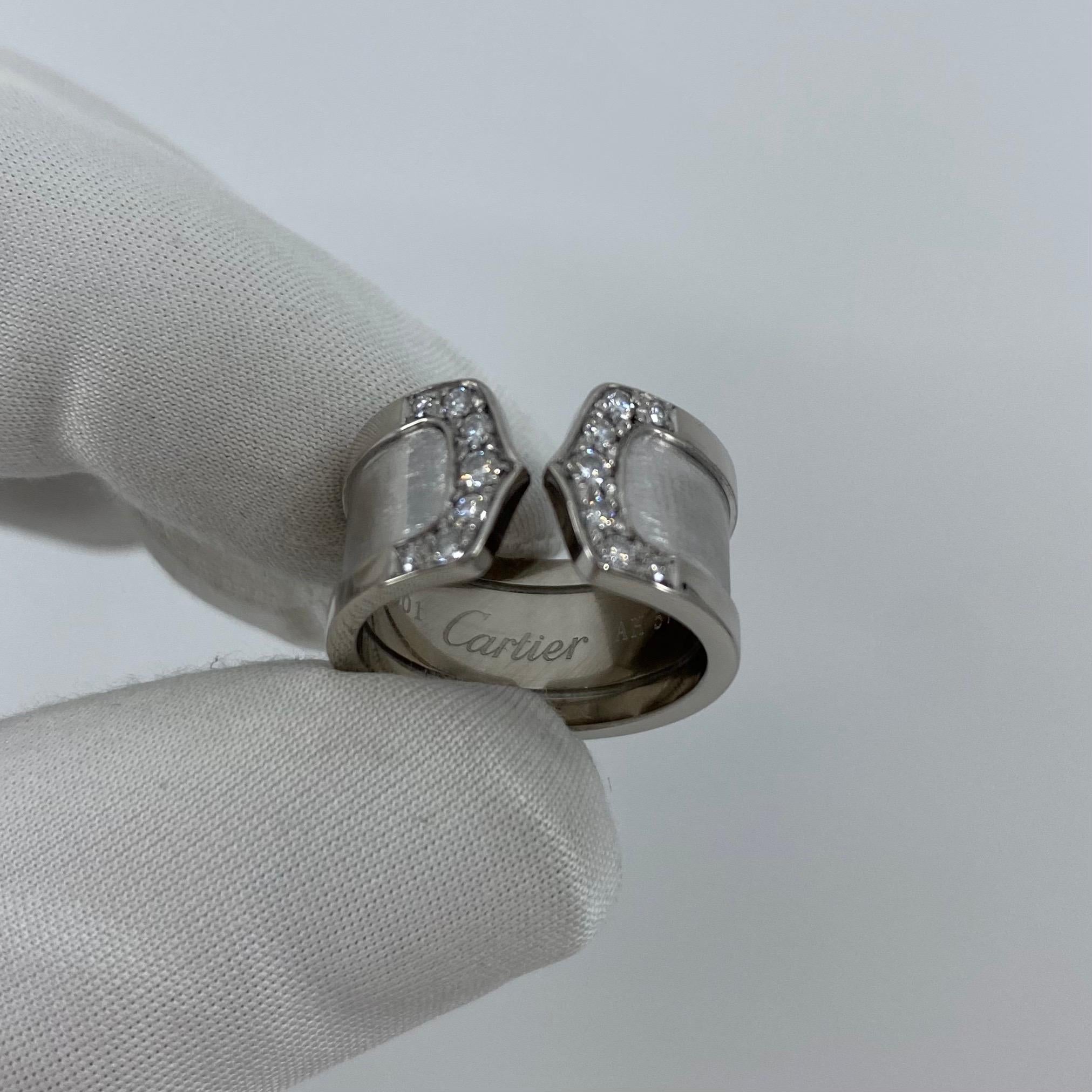 Cartier Double C 18 Karat White Gold Brushed Diamond Band Ring In Excellent Condition In Birmingham, GB