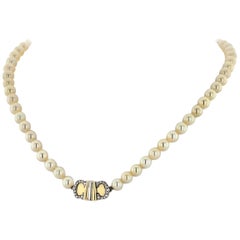 Cartier Double C 18 Karat Yellow Gold Single-Strand Vintage Pearl Necklace
