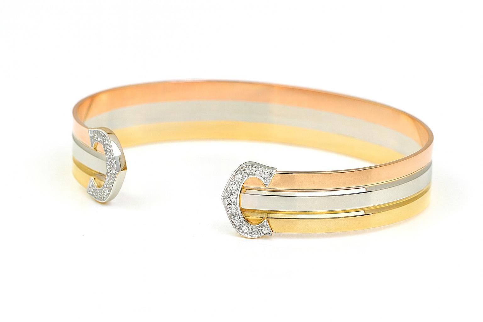 Contemporary Cartier Double C 18K Tri-Color Gold Diamond Bangle Bracelet For Sale