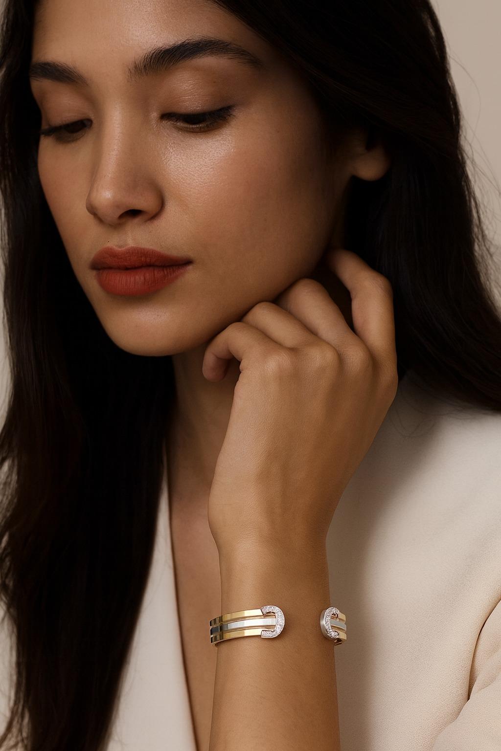 Round Cut Cartier Double C 18K Tri-Color Gold Diamond Bangle Bracelet For Sale