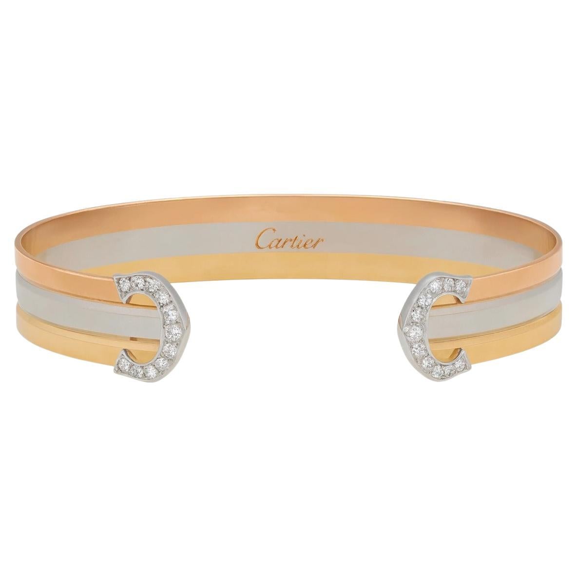 Cartier Double C 18K Tri-Color Gold Diamond Bangle Bracelet For Sale