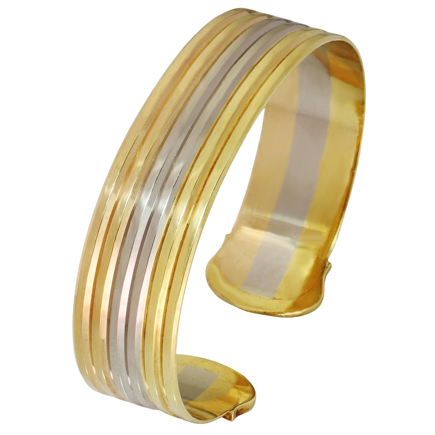 Cartier Double C 18k Tri-Gold Bangle Bracelet In Excellent Condition For Sale In New York, NY